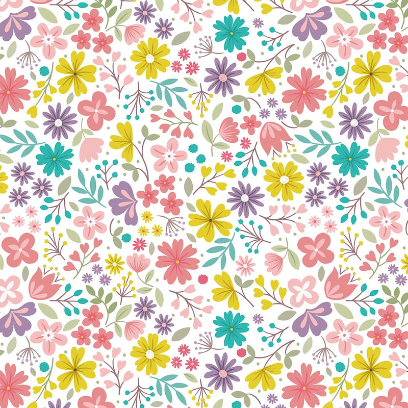 Bright flowers are printed on a white cotton fabric