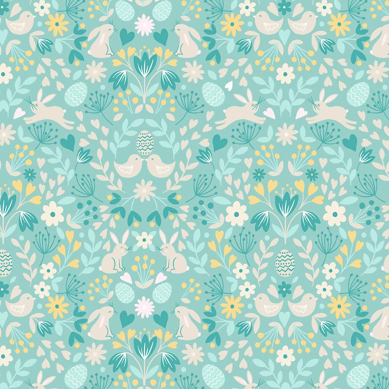 Bunnies and flowers are printed on a turquoise cotton fabric