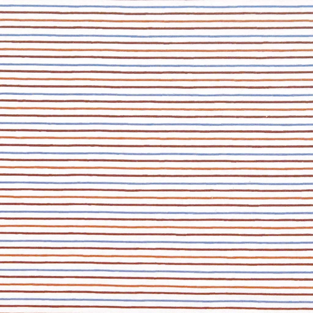 Brown and blue candy stripes printed on a cream jersey fabric