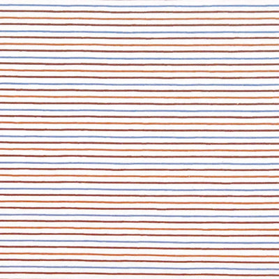 Brown and blue candy stripes printed on a cream jersey fabric