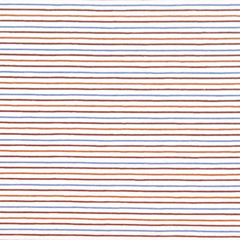 Brown and blue candy stripes printed on a cream jersey fabric
