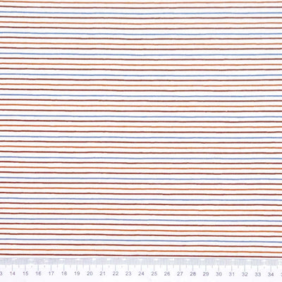 Brown and blue candy stripes printed on a cream jersey fabric with a cm ruler