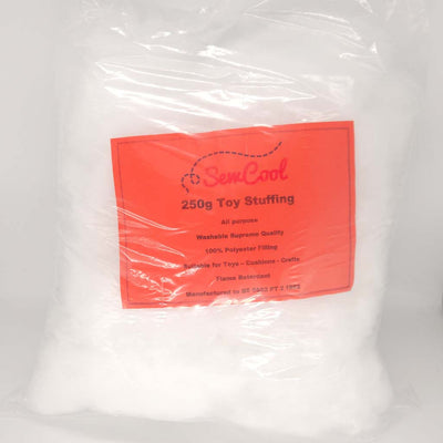 Bag of toy stuffing with a red label on a white background
