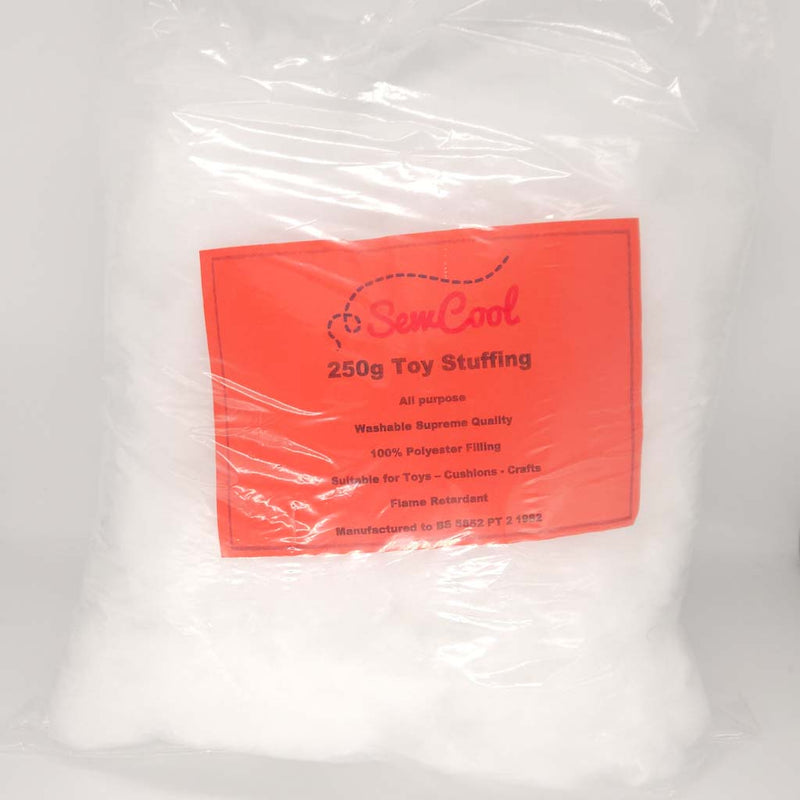 Bag of toy stuffing with a red label on a white background