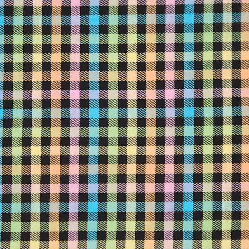 Multicolored plaid pattern with black squares on polyviscose fabric