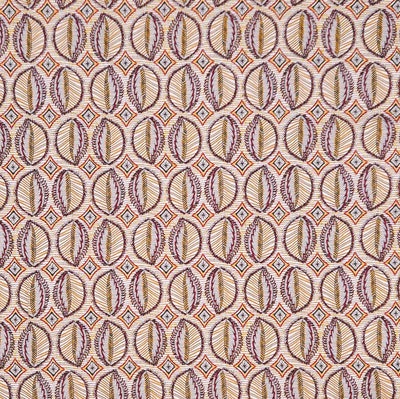 Patterned viscose fabric with circular shapes in brown, beige, and orange on a beige background