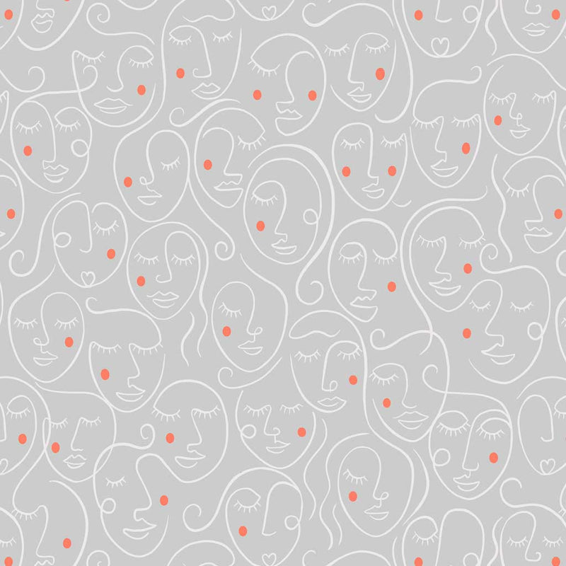 Day dreaming faces printed on a grey quilting cotton fabric