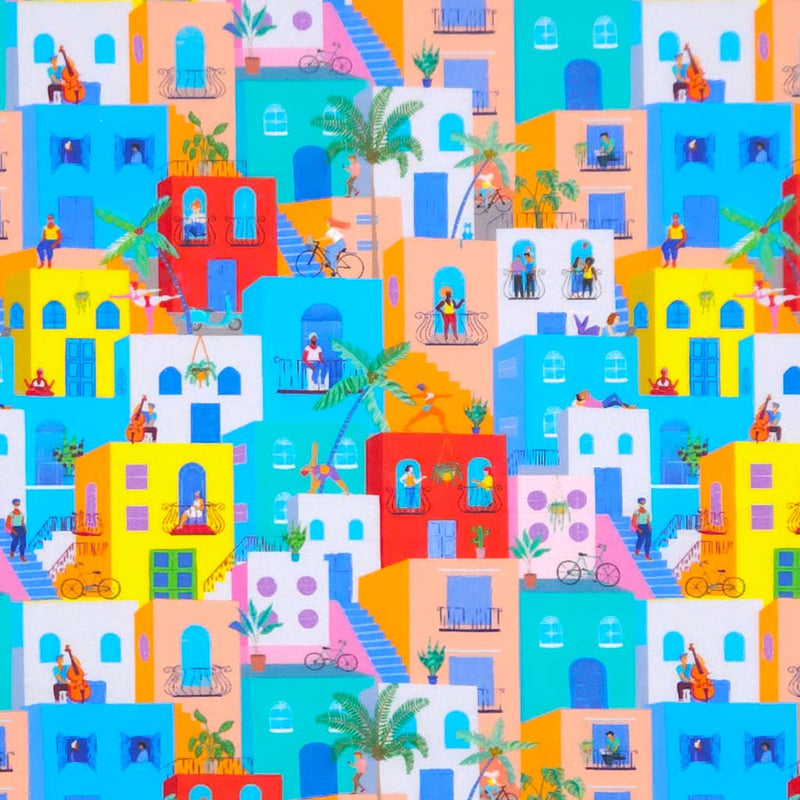 Coloured buildings printed on a cotton fabric by Little johnny