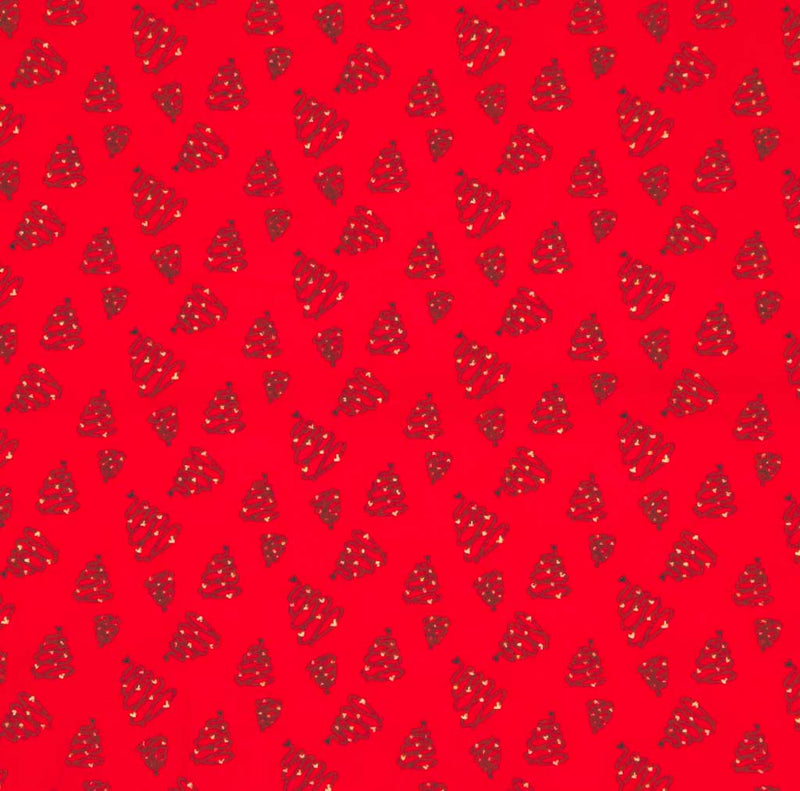 Red cotton fabric with small black and white christmas trees