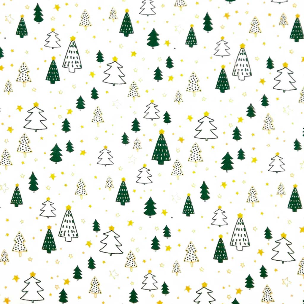 Pattern of Christmas trees and stars on a white cotton fabric