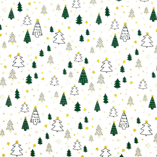 Pattern of Christmas trees and stars on a white cotton fabric