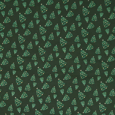Pattern of green Christmas trees on a dark green cotton fabric
