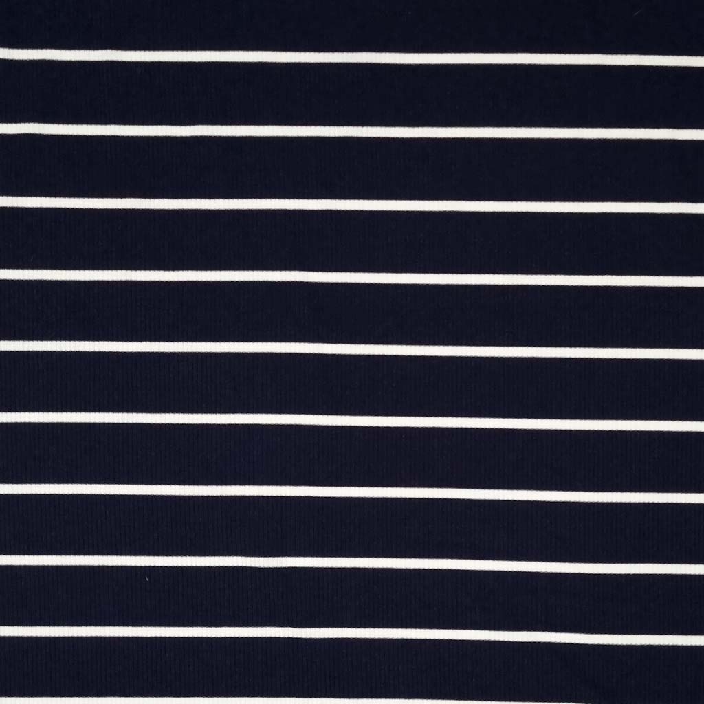 A ribbed navy jersey fabric with a thin white stripe