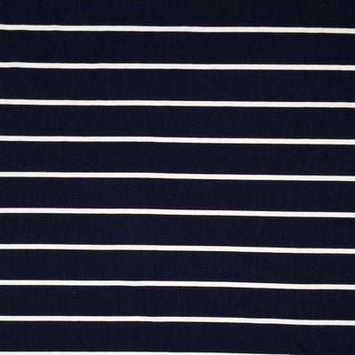 A ribbed navy jersey fabric with a thin white stripe