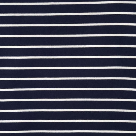 A navy ribbed viscose jersey fabric with white stripes