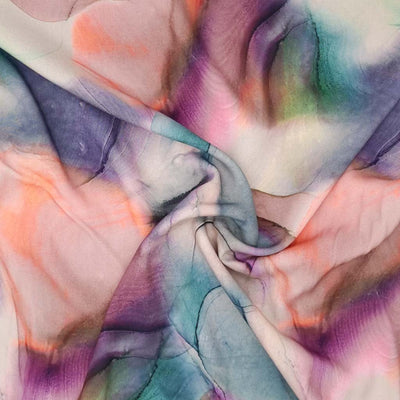 Viscose fabric with flowing ink design in pink and purple