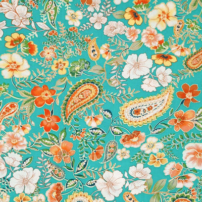 Summer vibes with orange florals and paisley teardrops are printed on an aqua woven viscose fabric