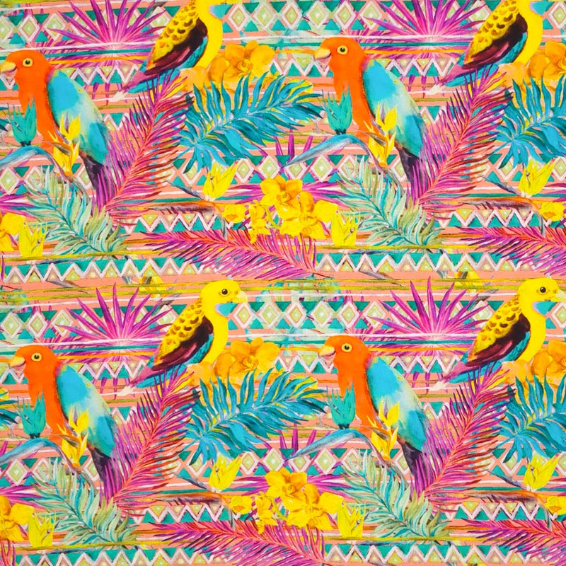 Parakeets are printed on a bright tropical viscose fabric