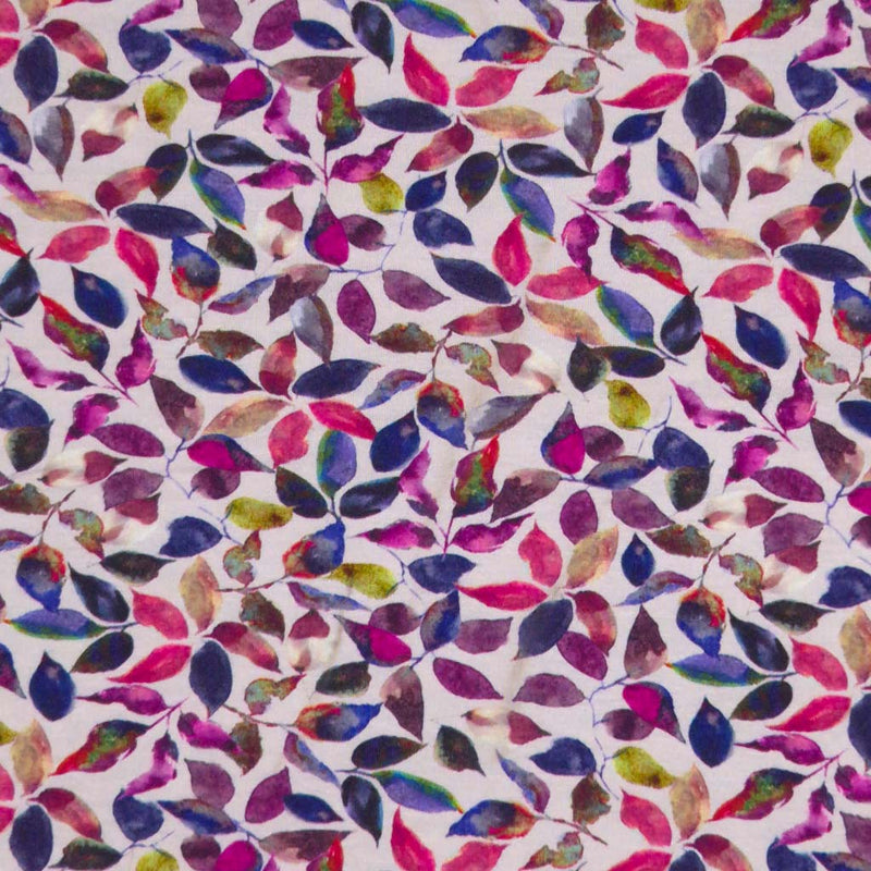 Berry coloured leaves printed on a viscose jersey fabric