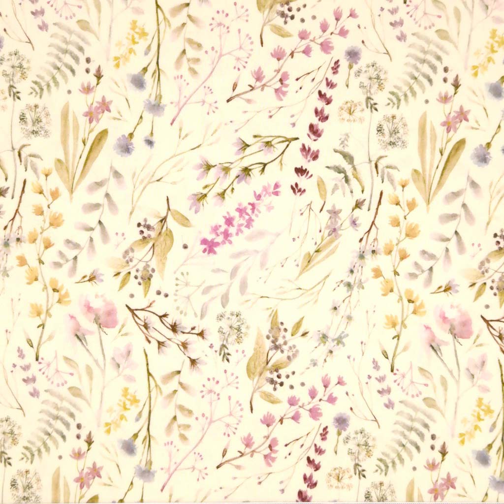 Delicate flower patterns in beige and pastels digitally printed on to a cream viscose jersey