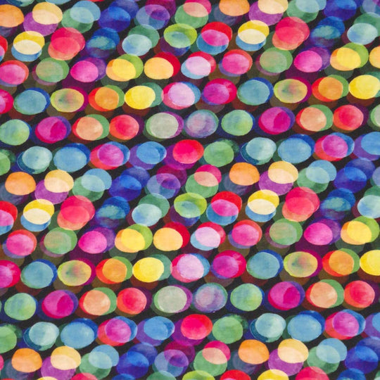 Vibrantly coloured spots printed on a black viscose jersey fabric