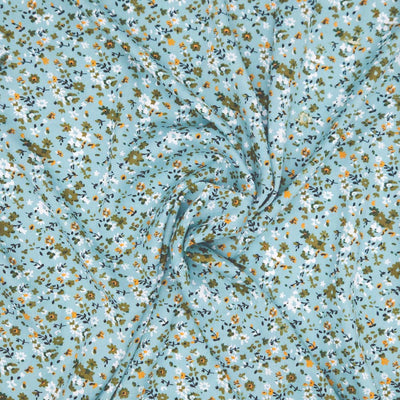 Floral fabric pattern with small flowers on a duck egg viscose fabric
