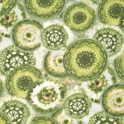 Lime green circles are printed on a rayon cotton mix fabric