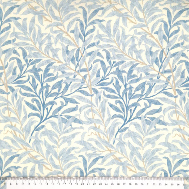 William Morris willow bough design in azure blue, printed on a cotton fabric with a cm ruler