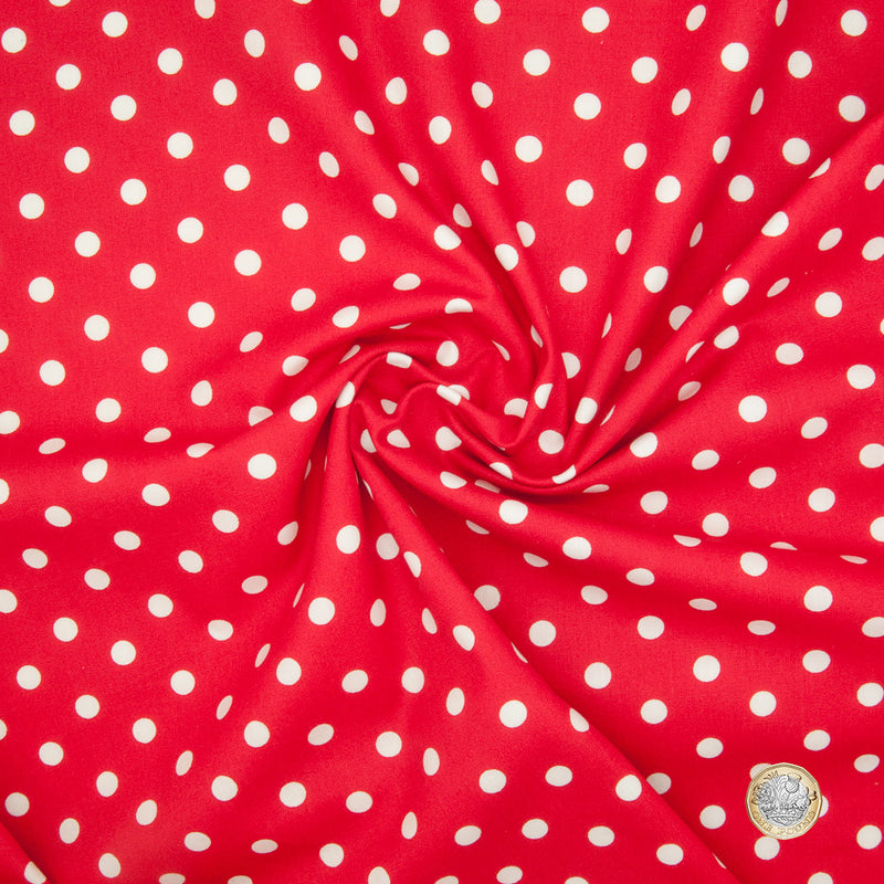 8mm White Pea Spot on Red - 100% Cotton