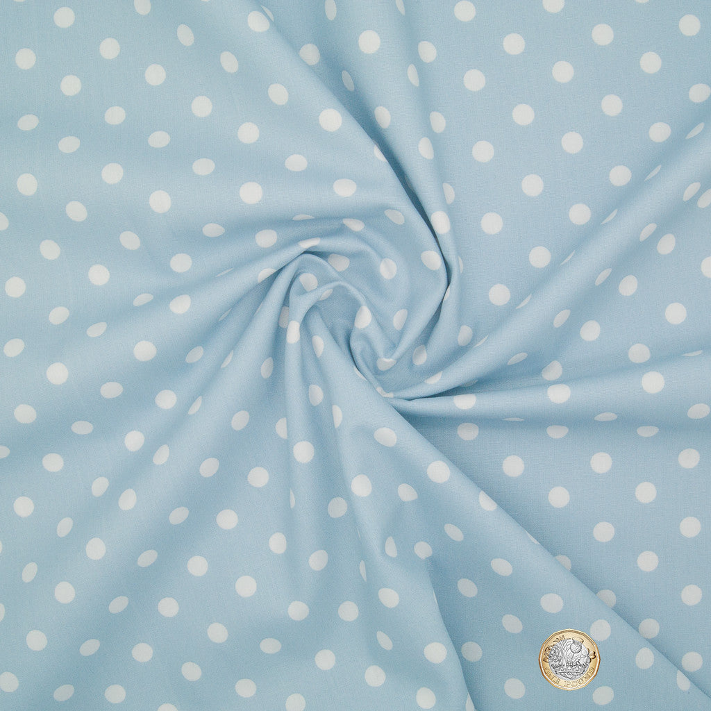8mm White Pea Spot on Sky Blue - 100% Cotton