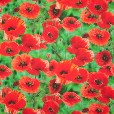 Red poppy flowers with green stems and leaves are printed on a cotton fabric