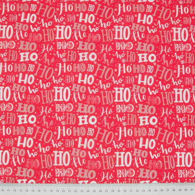 Christmas Ho Ho Mash Up & Mini Snowflakes on Red - Polycotton