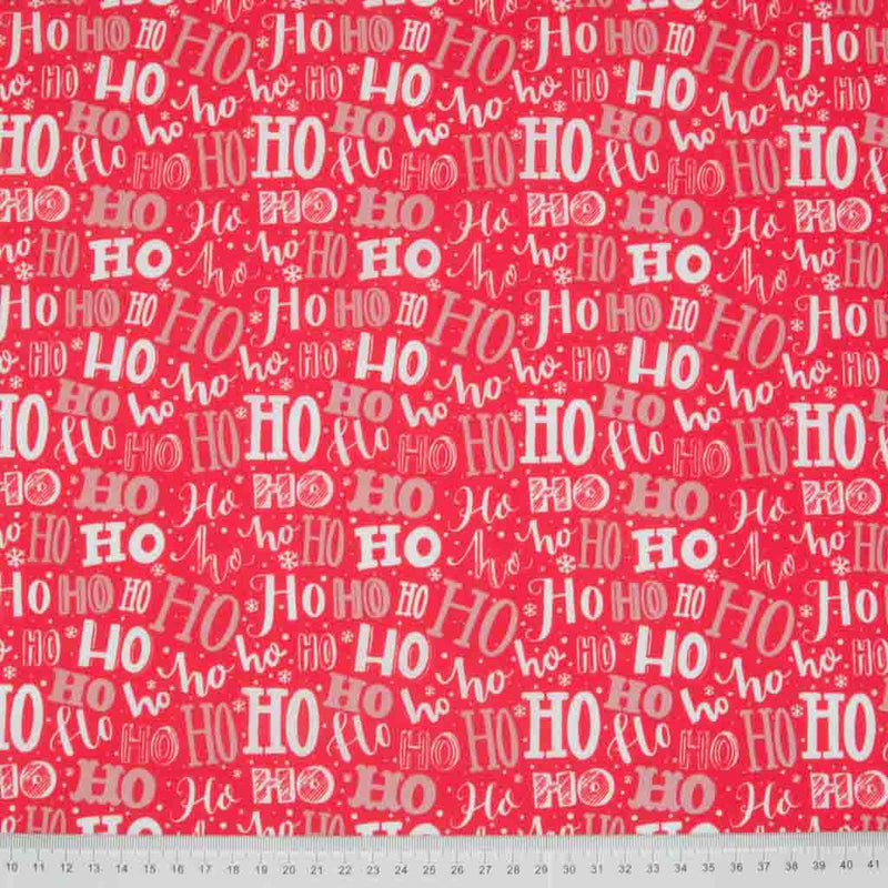 Christmas Ho Ho Mash Up & Mini Snowflakes on Red - Polycotton