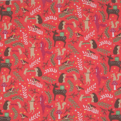 A collection of dancing forest animals enjoying a festive Christmas party, printed on a red polycotton fabric. Features rabbits, foxes, hedgehogs, robins and even a tiny mouse. 