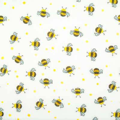 Busy Bumble Bees on White - Polycotton Fabric