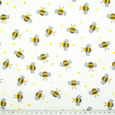 Busy Bumble Bees on White - Polycotton Fabric
