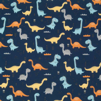 Yellow, blue and grey happy dinosaurs printed on a navy polycotton fabric. 