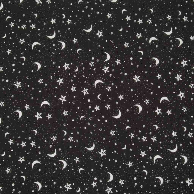 Small white stars and moons are printed in clusters on a black polycotton fabric