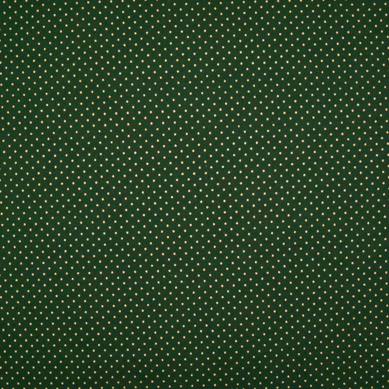2mm gold lacquer pin spots are printed on a bottle green cotton christmas fabric