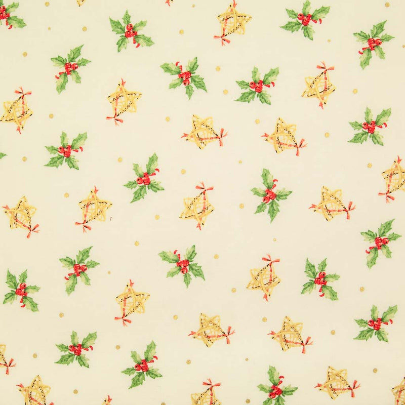 Springs of green holly with red berries and rustic wicker stars are printed on an ivory cotton fabric
