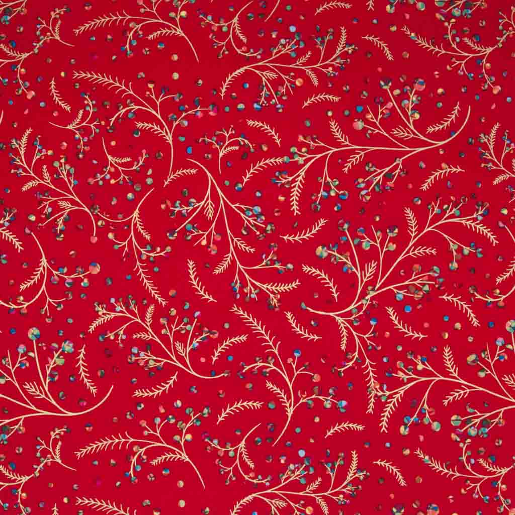 Rainbow coloured holly berries on festive branches printed on a red cotton fabric