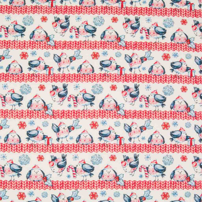A scandi style print of jolly robins and snowflakes in a white and red colourway printed on 100% cotton fabric