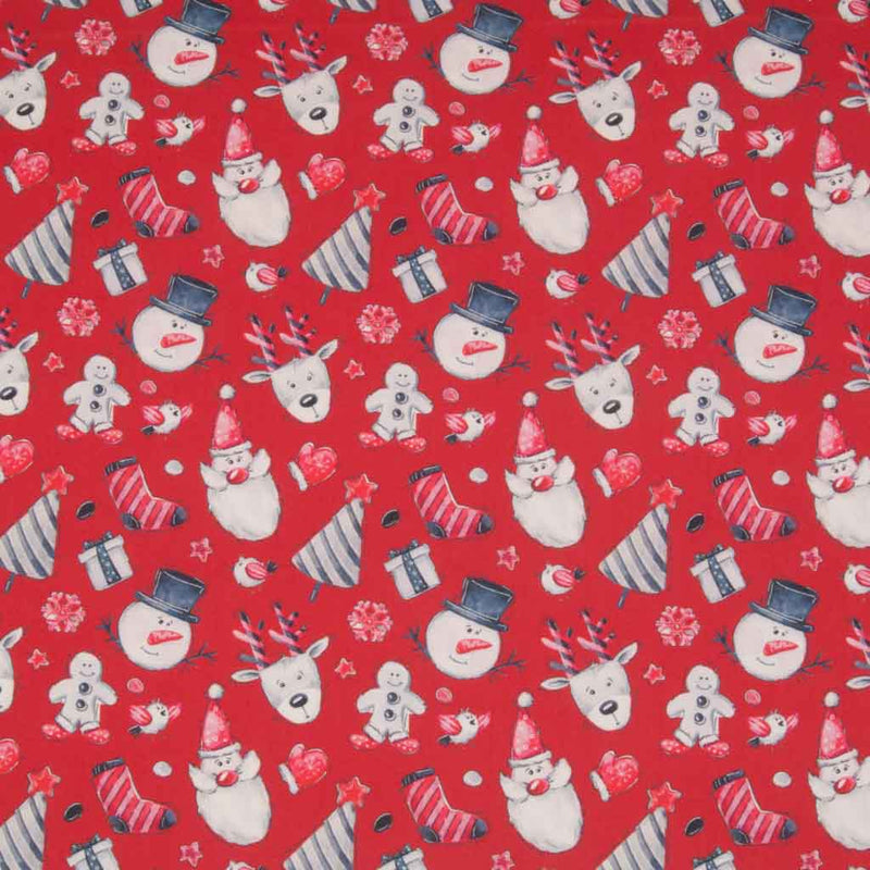 Santa, snowmen and christmas stockings are printed on a red cotton fabric