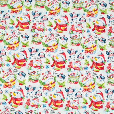 Festive snowmen and robins are printed on a quality, 100% cotton fabric in a white, red and green colourway.