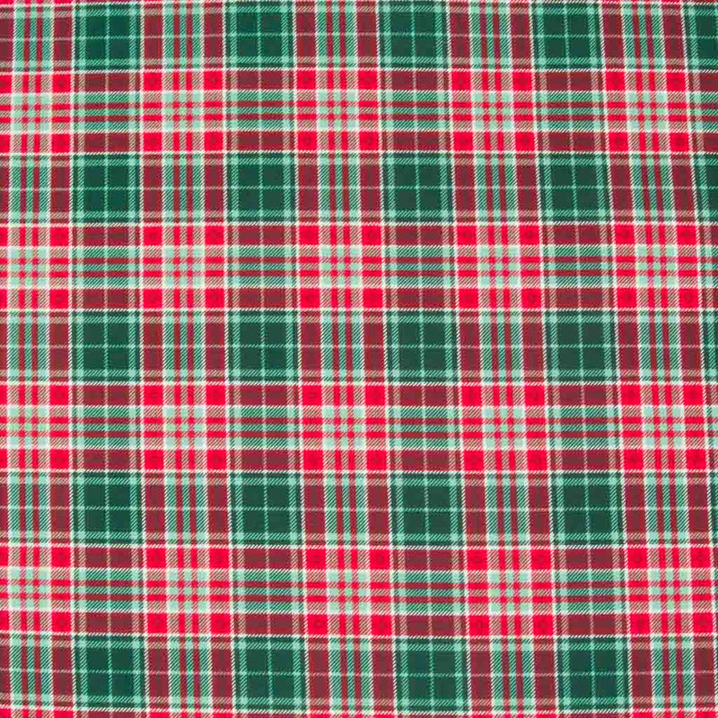 A 100% cotton christmas tartan plaid fabric with a dominant colour of forest green and red