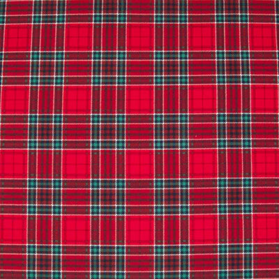 A 100% cotton christmas tartan plaid fabric with a dominant colour of red