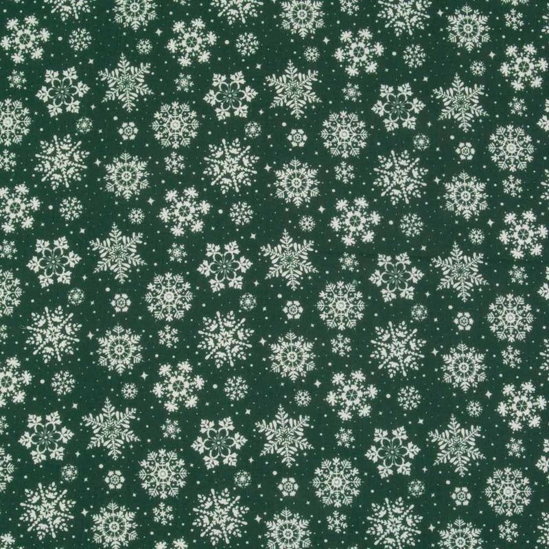 Snowflake and Stars on Green - Christmas Polycotton