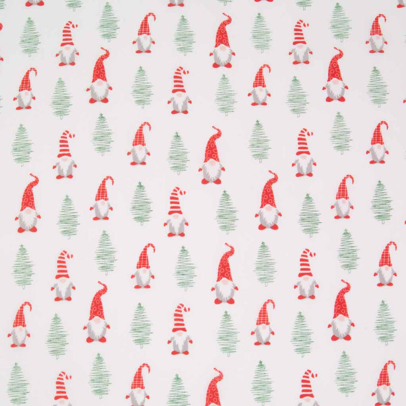 Cute on trend christmas gonks and trees are printed on a white polycotton fabric
