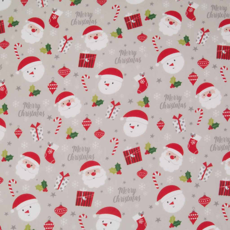 A fun festive scene of santa, snowmen and gifts printed on silver polycotton fabric.