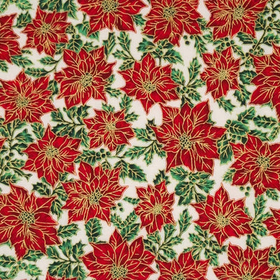 Red with a metallic gold edge Christmas poinsettia flowers and leaves are printed on an ivory 100% quality cotton fabric by Rose & Hubble.